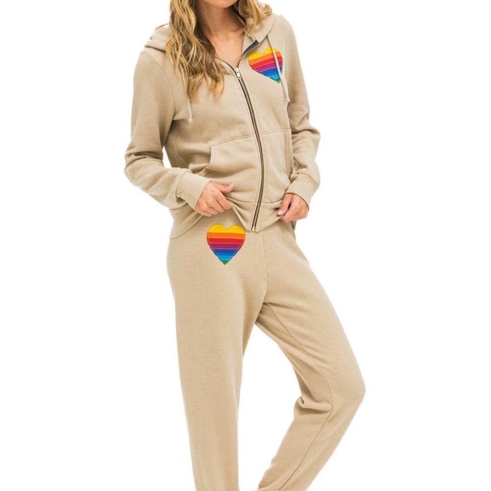 Aviator Nation Beige Zip Hoodie with Rainbow Heart stitch